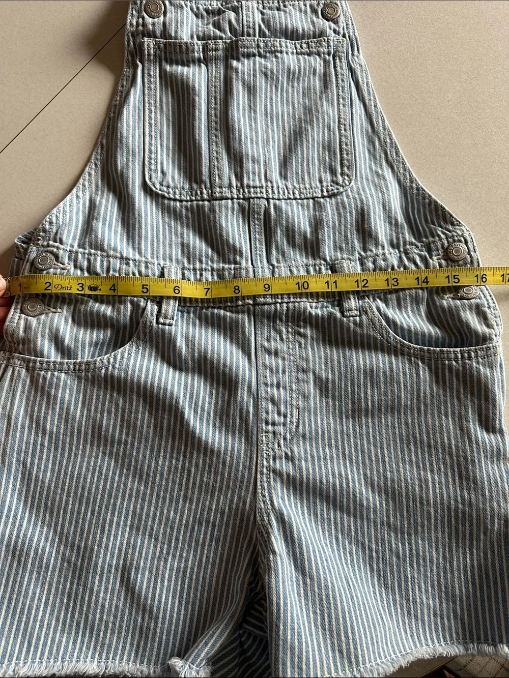 Old Navy Girls’ Blue and White Railroad Striped Raw Hem Short Overalls